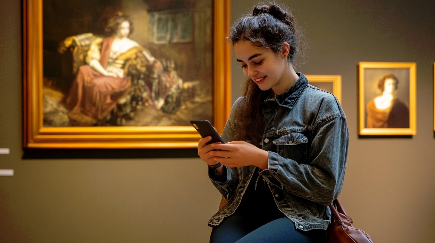 A woman sitting on a bench with a phone in her hands.