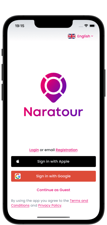 Naratour app showing a login screen