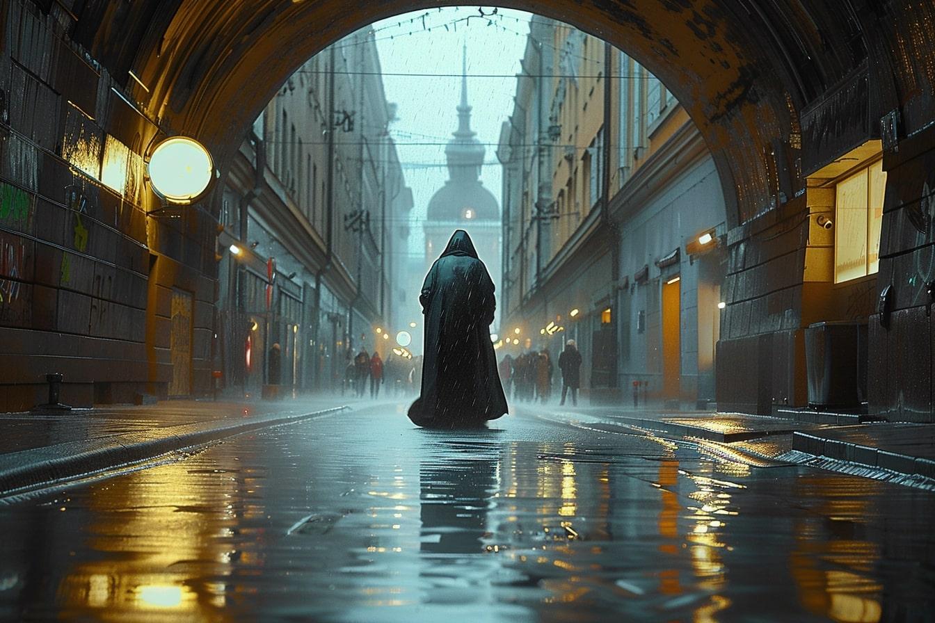 A figure in black robes walking down the street
